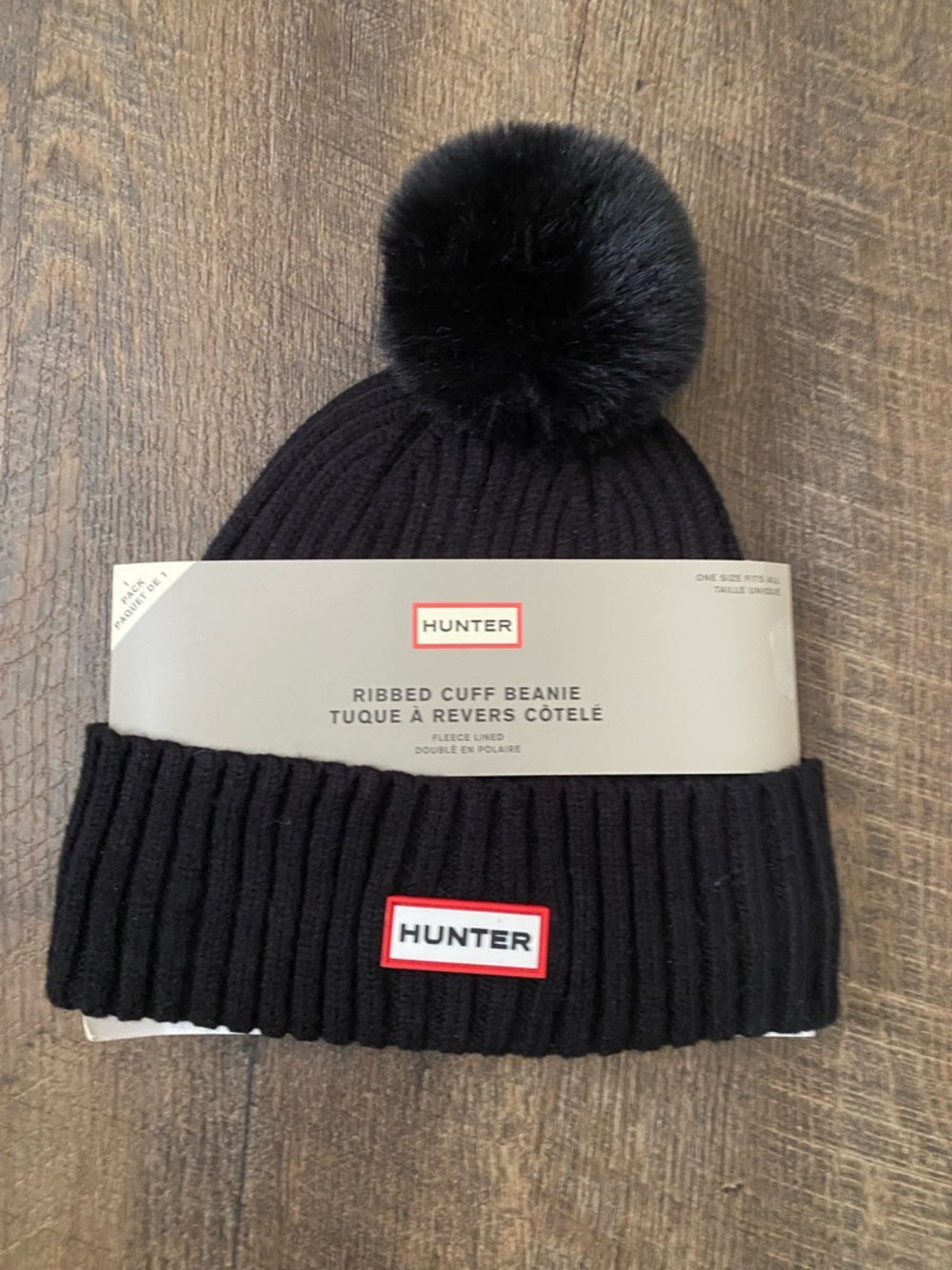 Hunter Black Ribbed Cuff Pom Beanie